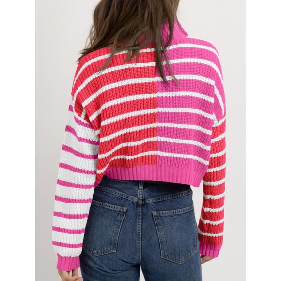 Women’s Rose Red Saodi mallsu Striped Cropped Zip Up Sweater, Color Block - Picture 6 of 6